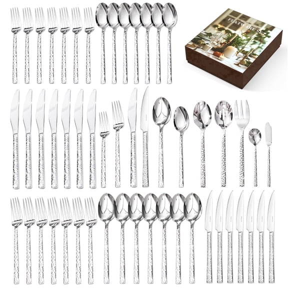 KINGSTONE 53 Pcs 18/10 Stainless Steel Silverware Set with Serving Utensils for 8, Cutlery Set with Hammered Pattern for Kitchen, Home, Restaurant, Mirror Polished & Dishwasher Safe