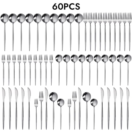KINGSTONE 60-Pieces Silver Silverware Set for 12, Stainless Steel Flatware Cutlery Utensil Set Forks Knives and Spoons, Kitchen Tableware Set