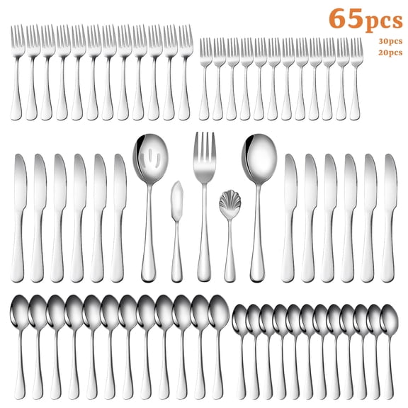 KINGSTONE 65-Pieces Silver Flatware Set for 12, Includes Serving Spoons & Forks, Food-Grade Stainless Steel Mirror Polished Silverware Cutlery Set, Dishwasher Safe