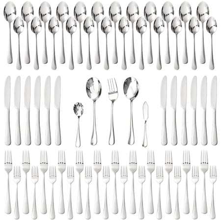 KINGSTONE 65-Pieces Silver Flatware Set for 12, Includes Serving Spoons & Forks, Food-Grade Stainless Steel Mirror Polished Silverware Cutlery Set, Dishwasher Safe
