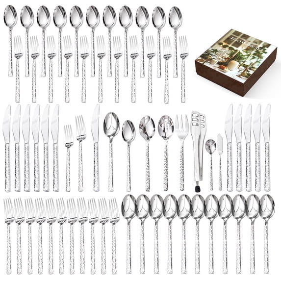 KINGSTONE 66 Pcs 18/10 Stainless Steel Silverware Set with Serving Utensils for 12, Cutlery Set with Hammered Pattern for Kitchen, Home, Restaurant, Mirror Polished & Dishwasher Safe