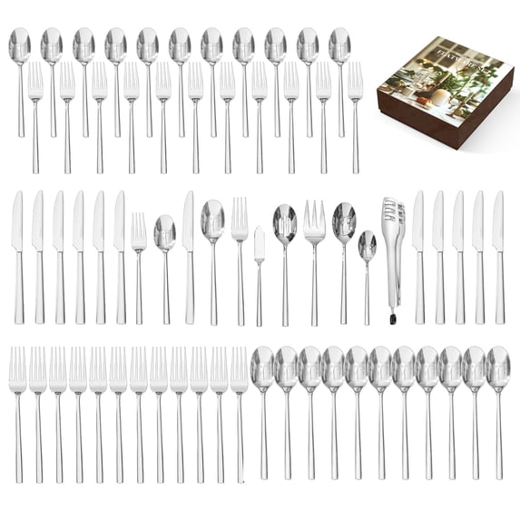 KINGSTONE 66-Piece Silverware Set with Serving Pieces, 18/10 Stainless Steel Flatware Service for 12, Mirror Polished Cutlery, Dishwasher Safe