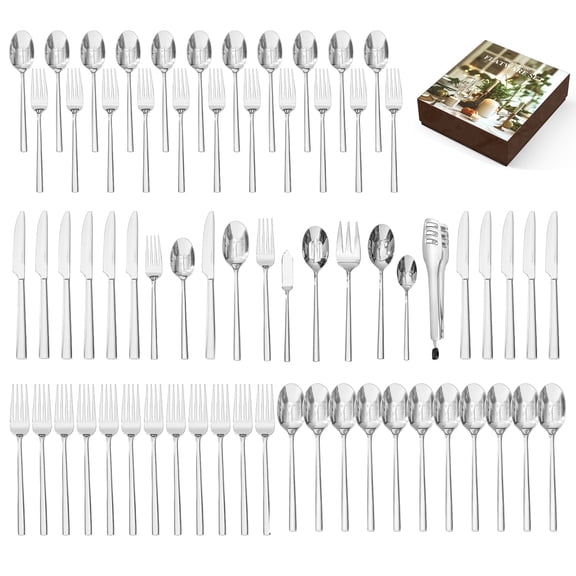 KINGSTONE 66-Piece Silverware Set with Serving Pieces, 18/10 Stainless Steel Flatware Service for 12, Mirror Polished Cutlery, Dishwasher Safe