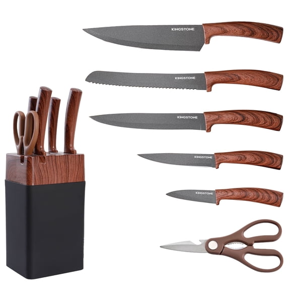 KINGSTONE 7-Piece Kitchen Knife Set with Cutting Board & Sharpener, 408 Stainless Steel Cutlery, Dishwasher Safe Block Set