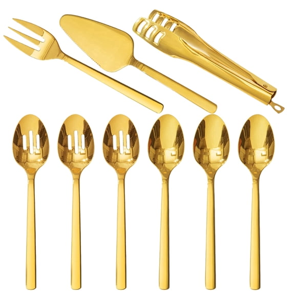 KINGSTONE 9 Pieces Serving Utensils Set, 18/10 Stainless Steel Hostess Set for Party Banquet Buffet, Dishwasher Safe, Gold