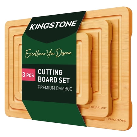 KINGSTONE 3-Piece Bamboo Cutting Board Set, Wooden Kitchen Chopping Boards with Juice Groove for Meat, Fruit & Vegetables