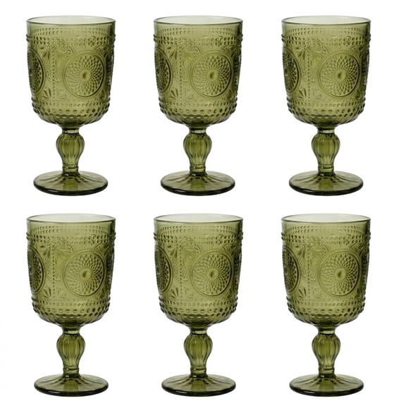 KINGSTONE Drinkware Set,6-Piece Vintage Embossed Stemmed Glass Goblets,9.47oz