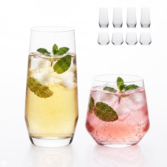 KINGSTONE 16-Piece Glass Drinkware Set, 12oz Rocks & 12.61oz Tall Curved Tumbler Cups, Lead-Free Clear Glasses for Water, Juice, Iced Tea & Cocktails