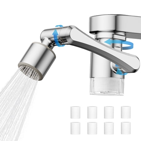 KINGTACK 1080° Swivel Faucet Extender, Sink Water Faucet Aerator Extension, 2 Mode Splash Water Filter Extension, Kitchen Bathroom 360° Rotatable Spray Attachment with 8pcs Replacement Filter