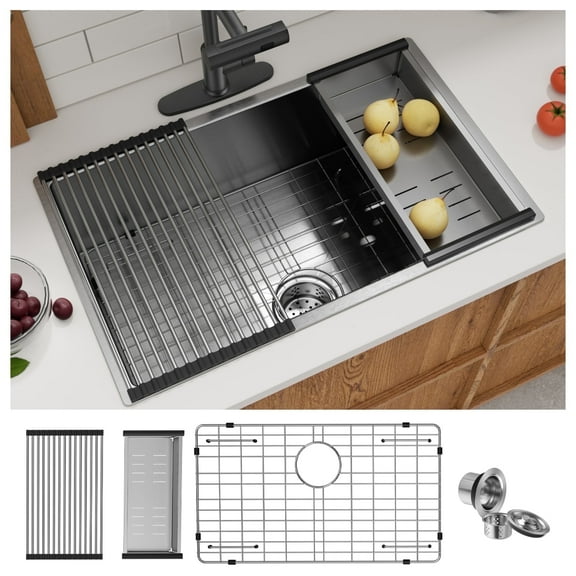 KINGTACK 30-inch Undermount Kitchen Sink, 304 Stainless Steel Drop in Sinks, Workstation Single Bowl Basin Sink Set with 4 Sink Accessories