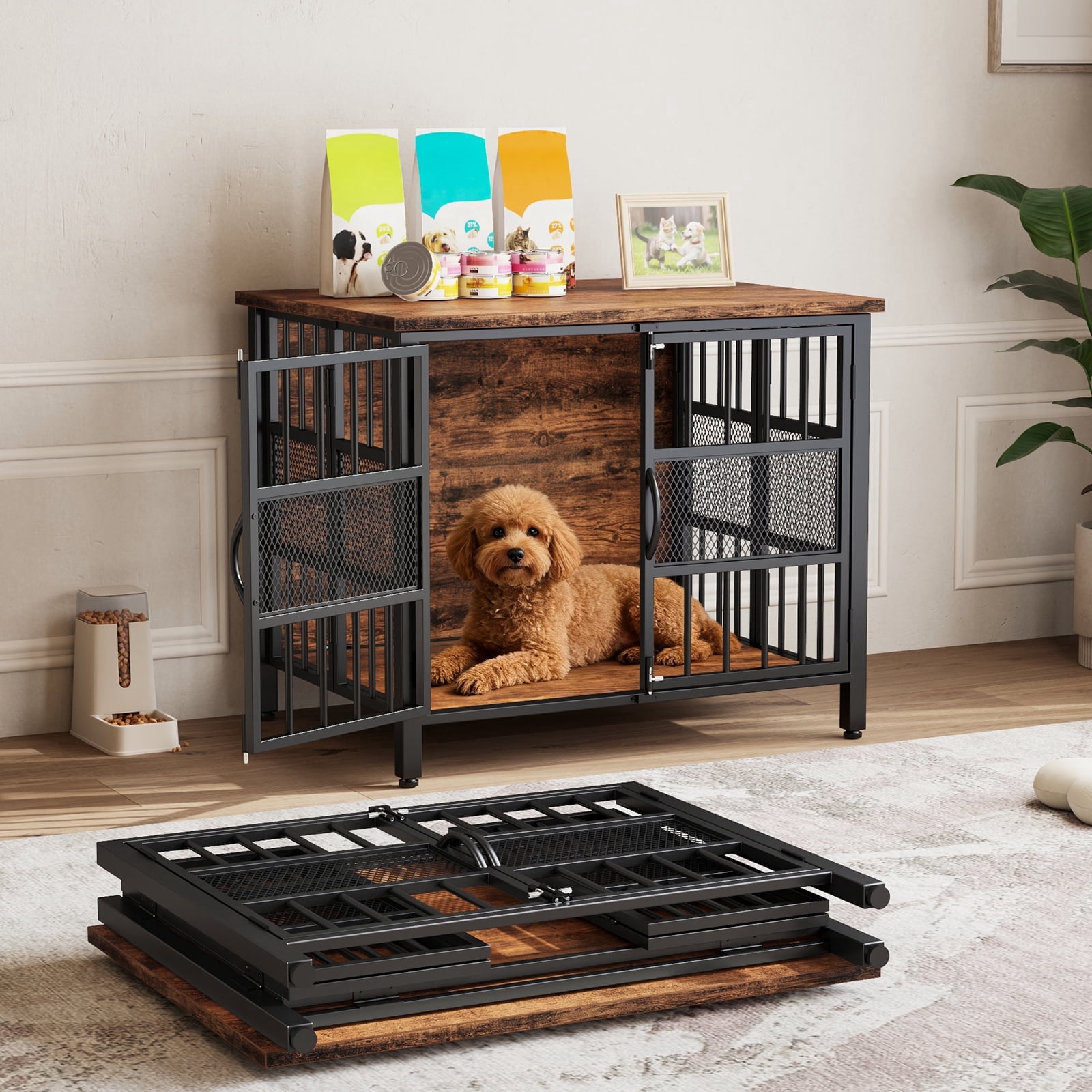 KINGTACK 31.5" Foldable Dog Crate Furniture, Heavy Duty Dog Cage for Small Medium Dogs, Chew Resistant Dog Kennel for Bedroom Living Room, Black