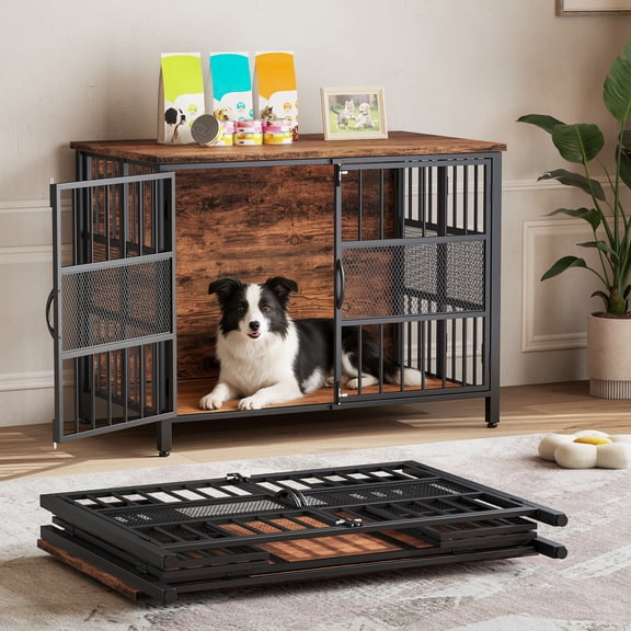 KINGTACK 41" Foldable Dog Crate Furniture, Heavy Duty Dog Cage for Medium Large Dogs, Chew Resistant Dog Kennel for Bedroom Living Room, Black