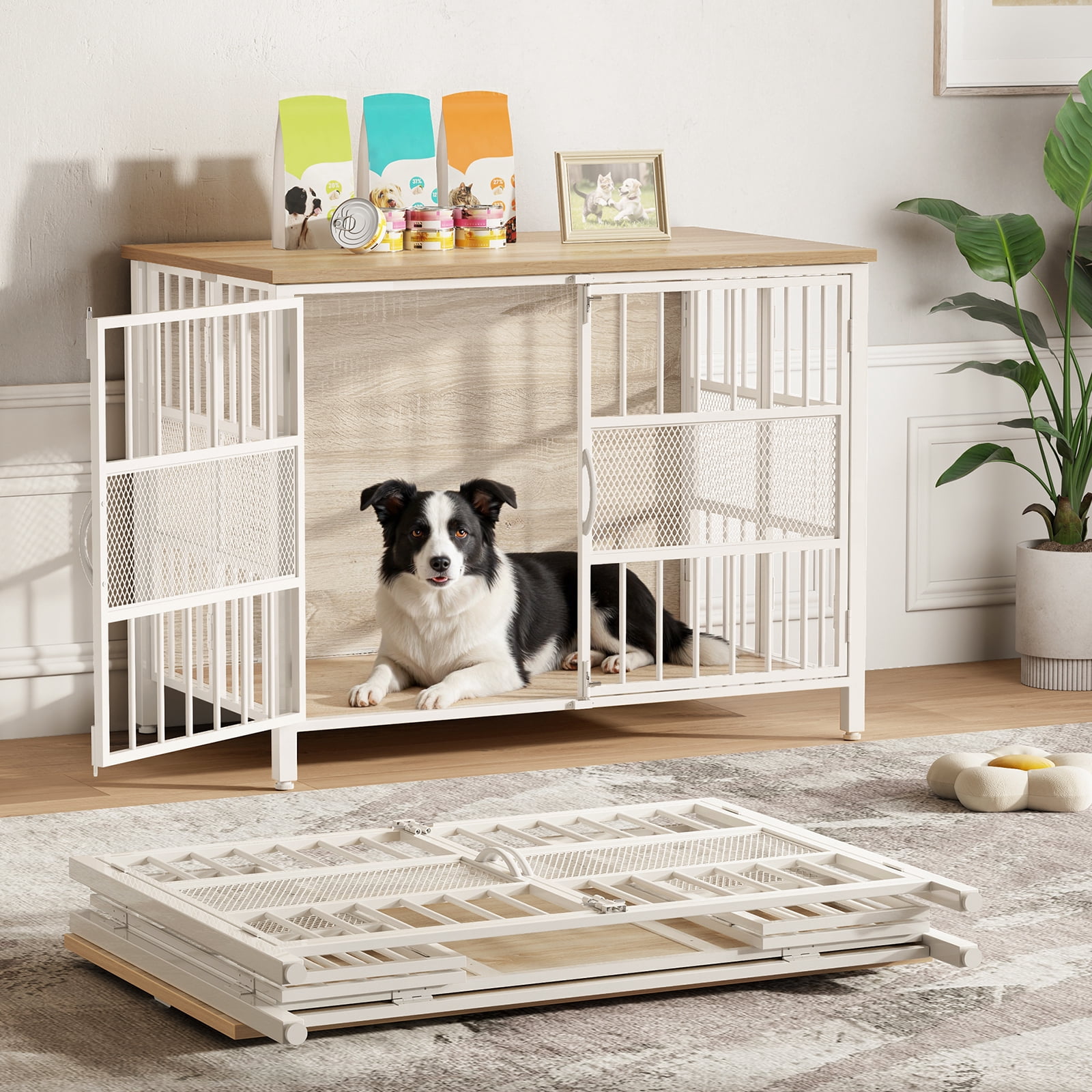 KINGTACK 41" Foldable Dog Crate Furniture, Heavy Duty Dog Cage for Medium Large Dogs, Chew Resistant Dog Kennel for Bedroom Living Room, White