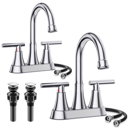 KINGTACK Bathroom Faucet 3 Hole, 4 Inch Chrome Bathroom Sink Faucet, Stainless Steel Lead-Free 2-Handle Centerset Faucet with Pop-up Drain and 2 Supply Hoses, 2 Pack