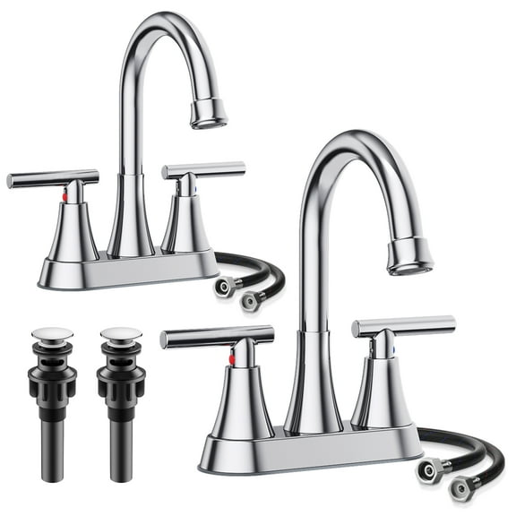 KINGTACK Bathroom Faucet 3 Hole, 4 Inch Chrome Bathroom Sink Faucet, Stainless Steel Lead-Free 2-Handle Centerset Faucet with Pop-up Drain and 2 Supply Hoses, 2 Pack