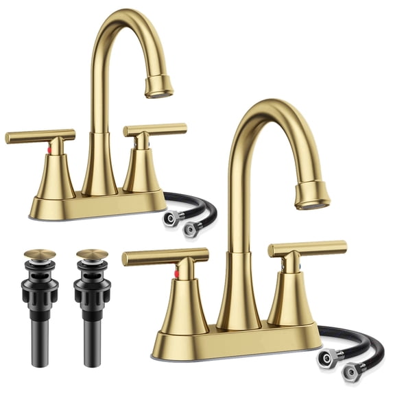 KINGTACK Bathroom Faucet, 4 Inch Bathroom Sink Faucet, Stainless Steel Lead-Free 2-Handle Centerset Faucet with Pop-up Drain and 2 Supply Hoses Fits 2 or 3-hole Sink, 2 Pack Brushed Gold