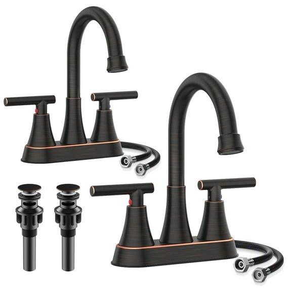 KINGTACK Bathroom Faucet, 4 inch Bathroom Sink Faucet, Stainless Steel Lead-Free 2-Handle Centerset Faucet with Pop-up Drain and 2 Supply Hoses, Fits 2 or 3-hole Sink, 2 Pack Oil Rubbed Bronze