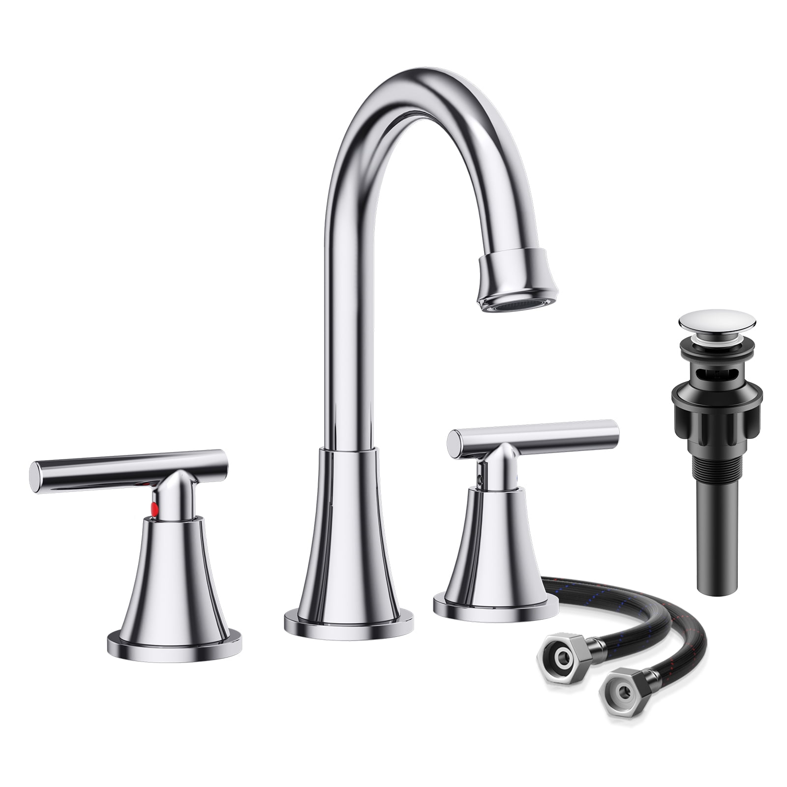 KINGTACK Bathroom Faucet for Sink 3 Hole, 8 Inch Bathroom Faucets with Pop-up Drain and Supply Lines, Chrome