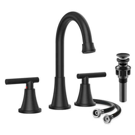 KINGTACK Bathroom Faucet for Sink 3 Hole, 8 Inch Bathroom Faucets with Pop-up Drain and Supply Lines, Matte Black
