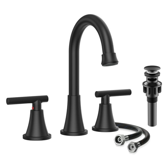 KINGTACK Bathroom Faucet for Sink 3 Hole, 8 Inch Bathroom Faucets with Pop-up Drain and Supply Lines, Matte Black
