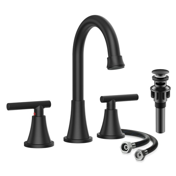 KINGTACK Bathroom Faucet for Sink 3 Hole, 8 Inch Bathroom Faucets with Pop-up Drain and Supply Lines, Matte Black