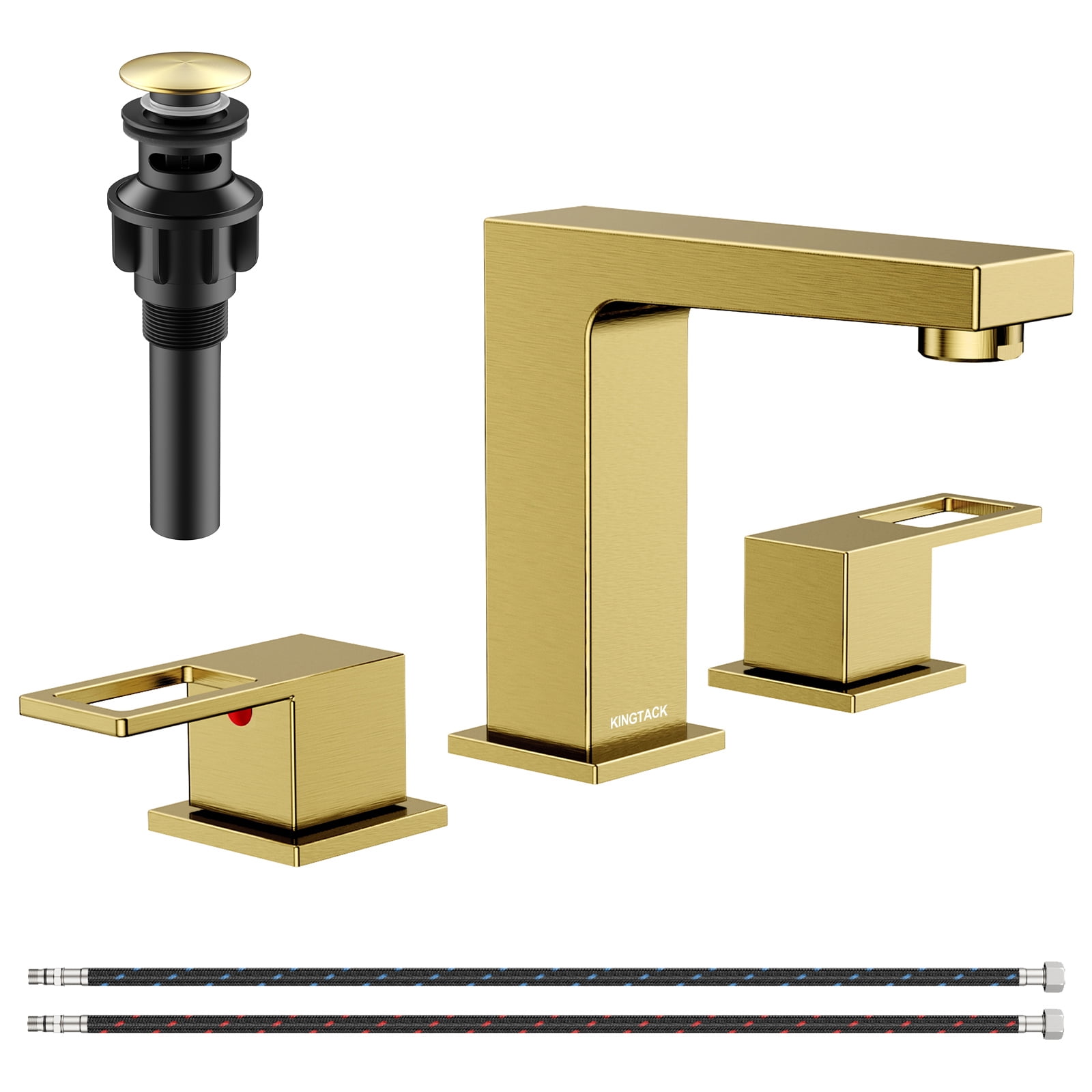 KINGTACK Bathroom Faucet for Sink 3 Hole, 8 inch Brushed Gold Bathroom Faucet with Pop Up Drain, 2 Handle Vanity Faucet with Water Supply Hoses
