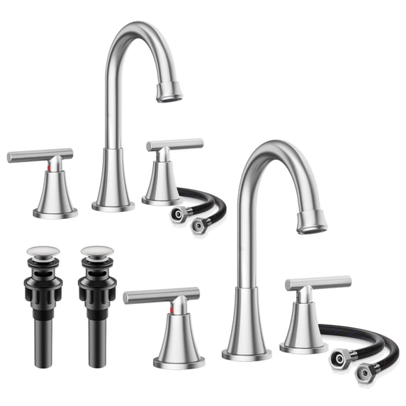 KINGTACK Bathroom Faucet for Sink 3 Hole, Brushed Nickel Bathroom Faucets with Pop-up Drain and Supply Lines, 2 Pack
