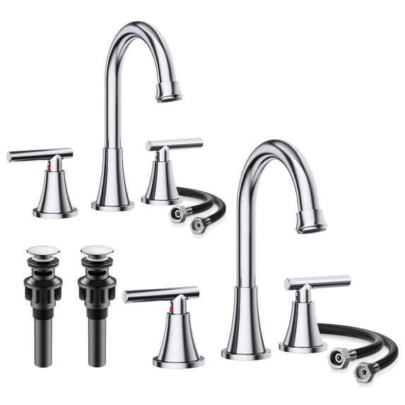 KINGTACK Bathroom Faucet for Sink 3 Hole, Chrome Bathroom Faucets with Pop-up Drain and Supply Lines, 2 Pack
