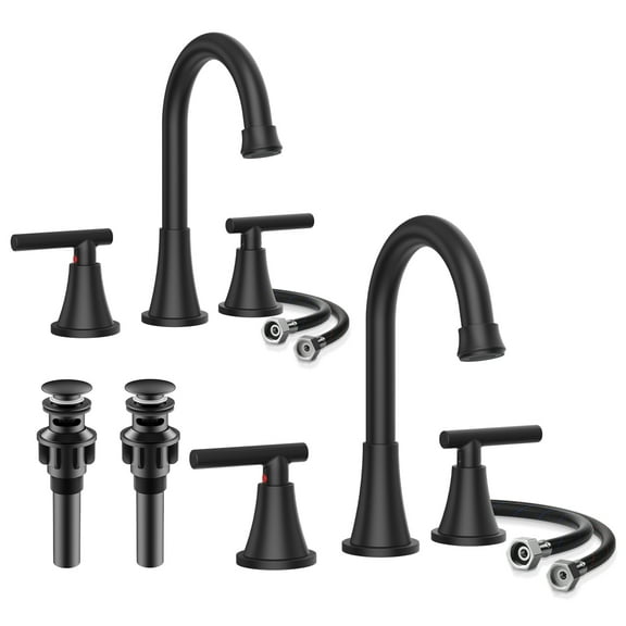 KINGTACK Bathroom Faucet for Sink 3 Hole, Matte Black Bathroom Faucets with Pop-up Drain and Supply Lines, 2 Pack
