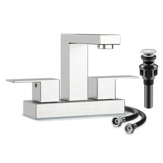 KINGTACK Bathroom Faucets, 4 Inch Brushed Nickel Bathroom Faucets for Sink 3 Hole, 2 Handle Bathroom Sink Faucets with Pop-up Drain and Supply Lines