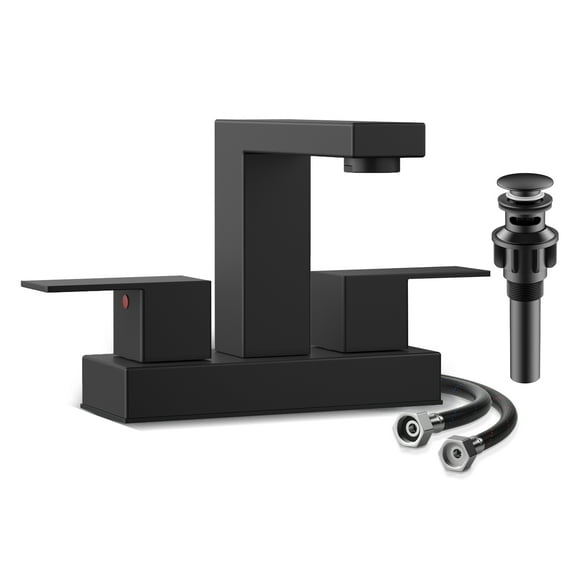 KINGTACK Bathroom Faucets, 4 Inch Matte Black Bathroom Faucets for Sink 3 Hole, 2 Handle Bathroom Sink Faucets with Pop-up Drain and Supply Lines