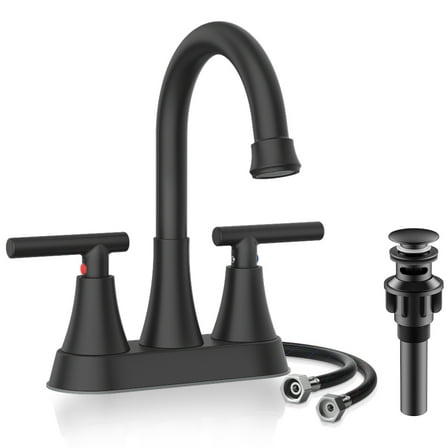 KINGTACK Bathroom Faucets 4 Inch Matte Black Bathroom Sink Faucet, Stainless Steel Lead-Free 2-Handle Centerset Faucet with Pop-up Drain and 2 Supply Hoses Fits 2 or 3-hole Sink