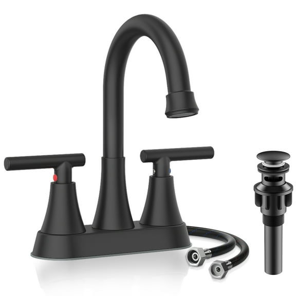 KINGTACK Bathroom Faucets 4 Inch Matte Black Bathroom Sink Faucet, Stainless Steel Lead-Free 2-Handle Centerset Faucet with Pop-up Drain and 2 Supply Hoses Fits 2 or 3-hole Sink