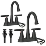 KINGTACK Bathroom Faucets 4 Inch Matte Black Bathroom Sink Faucet, Stainless Steel Lead-Free 2-Handle Centerset Faucet with Pop-up Drain and 2 Supply Hoses Fits 2 or 3-hole Sink, 2 Pack
