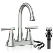 KINGTACK Bathroom Faucets, 4 inch Bathroom Faucets with Pop-up Drain and 2 Supply Hoses, Fits 2 or 3-hole Sink, Brushed Nickel
