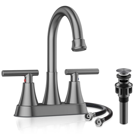 KINGTACK Bathroom Faucets, 4 inch Brushed Grey Bathroom Sink Faucet, Stainless Steel Lead-Free 2-Handle Centerset Faucet with Pop-up Drain and 2 Supply Hoses, Fits 2 or 3-hole Sink