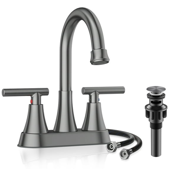 KINGTACK Bathroom Faucets, 4 inch Brushed Grey Bathroom Sink Faucet, Stainless Steel Lead-Free 2-Handle Centerset Faucet with Pop-up Drain and 2 Supply Hoses, Fits 2 or 3-hole Sink