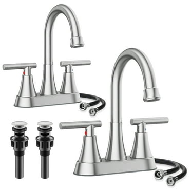 KINGTACK Bathroom Faucets, 4 inch Brushed Nickel 2-Handle Bathroom Faucets with Pop-up Drain and 2 Supply Hoses Fits 2 or 3-hole Sink, 2 Pack