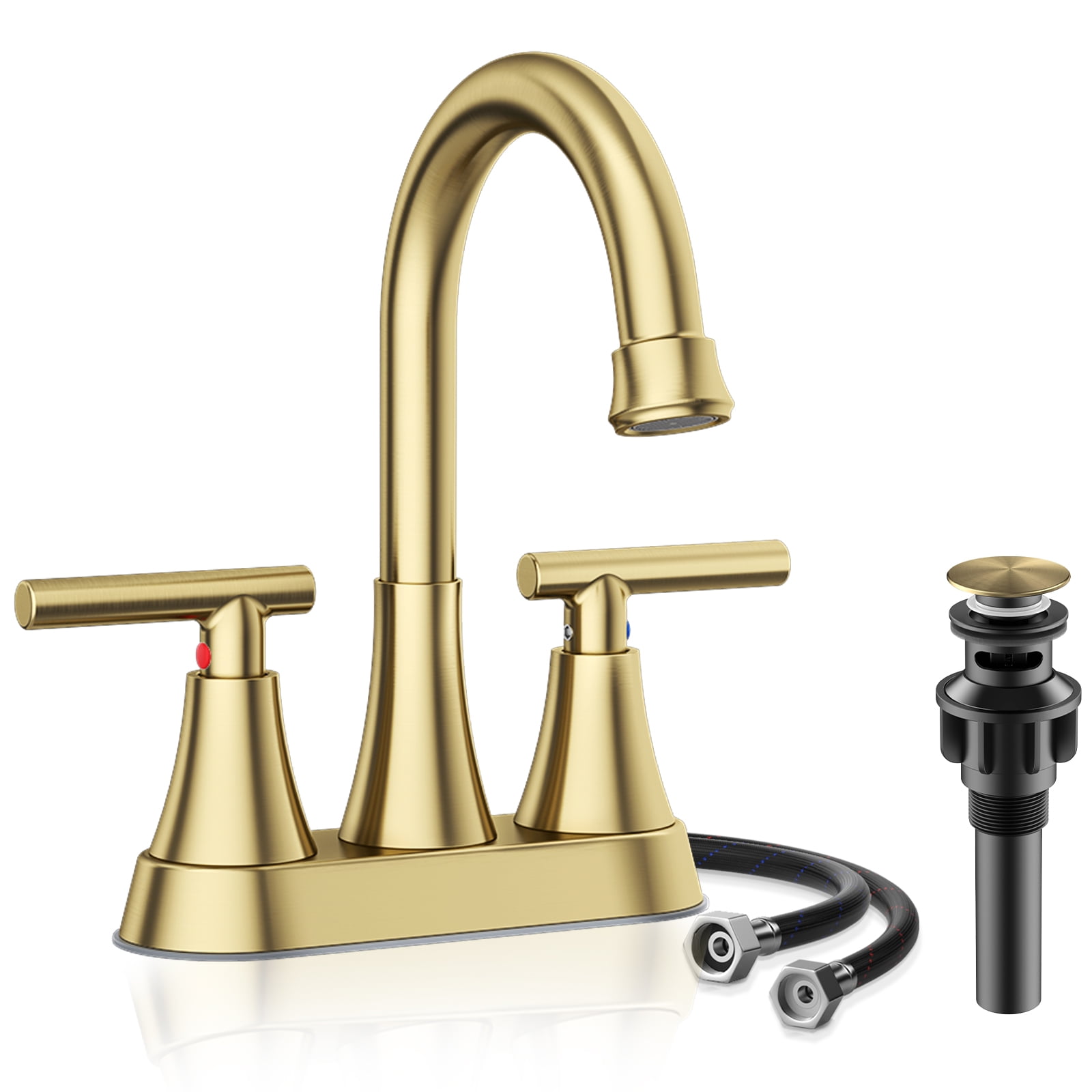 KINGTACK Bathroom Sink Faucet, 4 inch 2-Handle Gold Bathroom Faucet with Pop-up Drain and 2 Supply Hoses, Fits 2 or 3-hole Sink