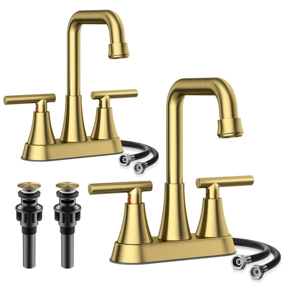 KINGTACK Bathroom Sink Faucet, 4 inch Brushed Gold Bathroom Faucets with Pop-up Drain and Supply Lines, Stainless Steel 2-Handle Centerset Faucet for Bathroom Faucet 3 Hole, 2 Pack