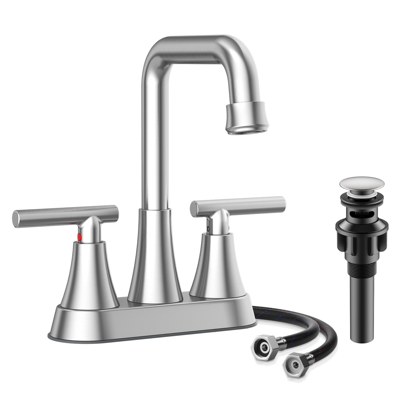 KINGTACK Bathroom Sink Faucet, 4 inch Brushed Nickel Bathroom Faucets with Pop-up Drain and Supply Lines, Stainless Steel 2-Handle Centerset Faucet for Bathroom Faucet 3 Hole