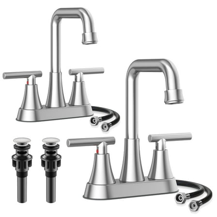 KINGTACK Bathroom Sink Faucet, 4 inch Brushed Nickel Bathroom Faucets with Pop-up Drain and Supply Lines, Stainless Steel 2-Handle Centerset Faucet for Bathroom Faucet 3 Hole, 2 Pack