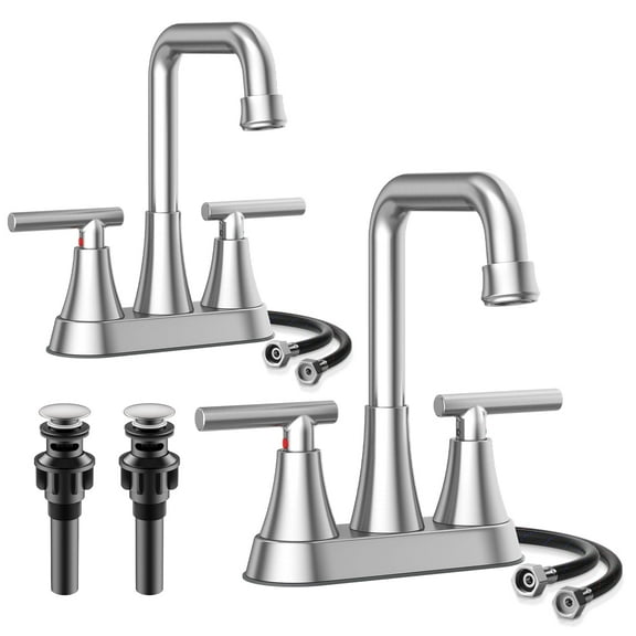 KINGTACK Bathroom Sink Faucet, 4 inch Brushed Nickel Bathroom Faucets with Pop-up Drain and Supply Lines, Stainless Steel 2-Handle Centerset Faucet for Bathroom Faucet 3 Hole, 2 Pack