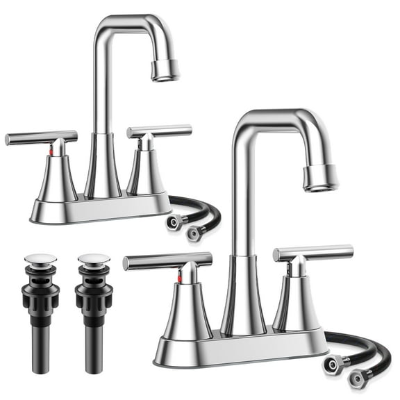 KINGTACK Bathroom Sink Faucet, 4 inch Chrome Bathroom Faucets with Pop-up Drain and Supply Lines, Stainless Steel 2-Handle Centerset Faucet for Bathroom Faucet 3 Hole, 2 Pack