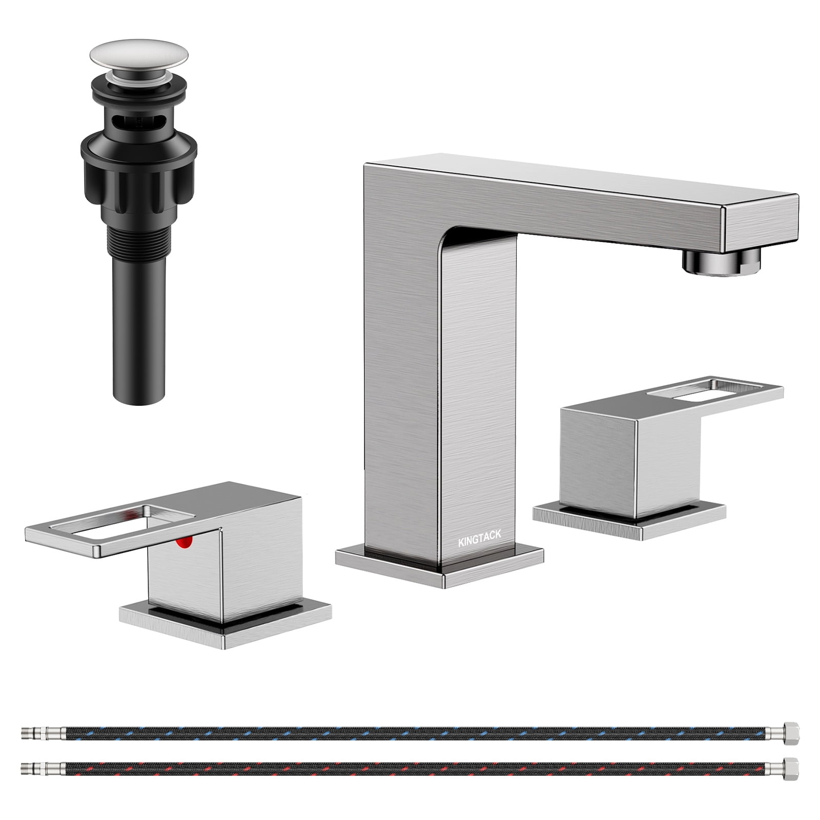 KINGTACK Bathroom Sink Faucet, 8 inch Brushed Nickel Bathroom Faucet with Pop Up Drain, 2 Handle Vanity Faucet with Water Supply Hoses