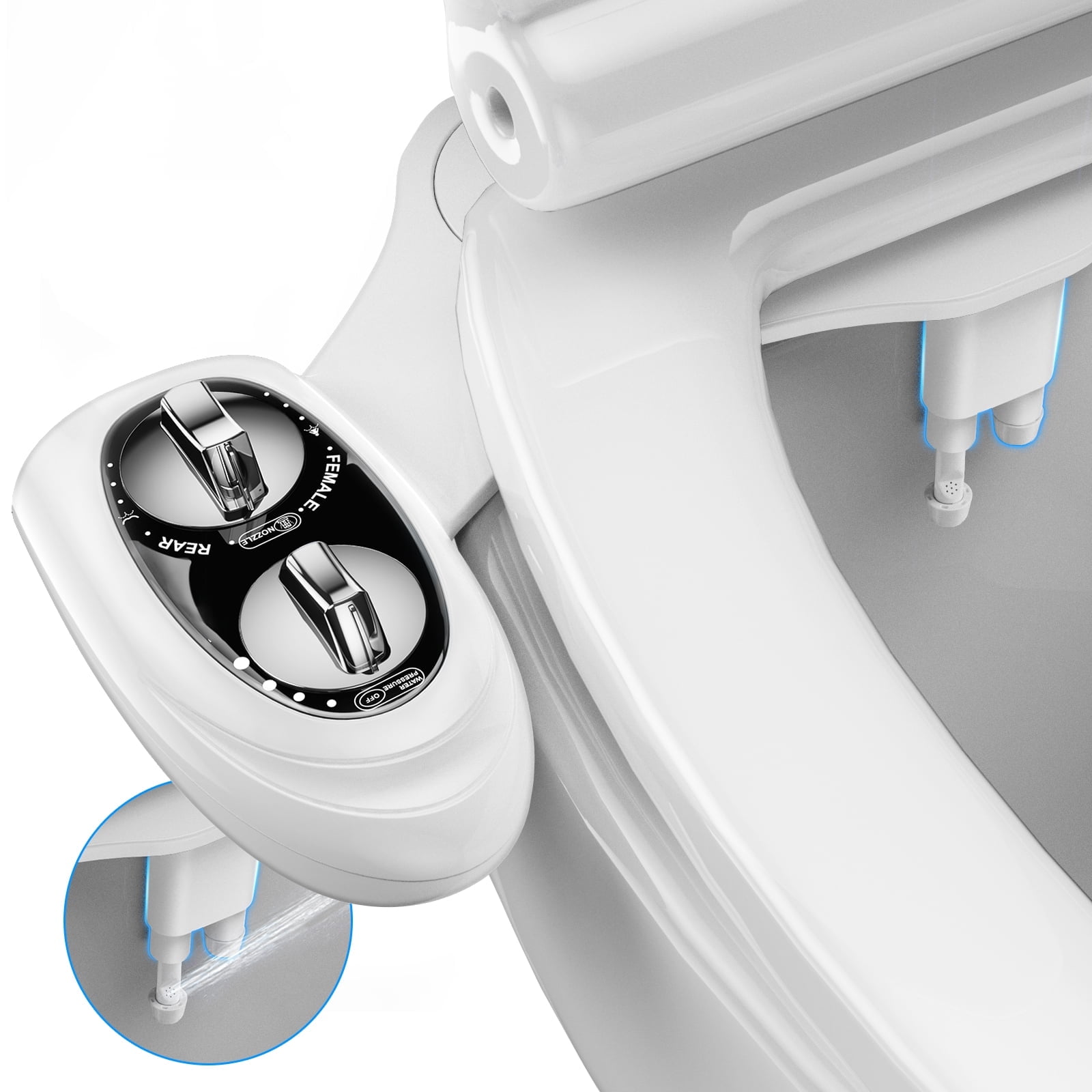 KINGTACK Bidet Attachment for Toilet, Toilet Bidet Non-Electric Bidet Toilet Attachment Dual Nozzles for Frontal/Rear Wash, Adjustable Pressure Control (Black/White)