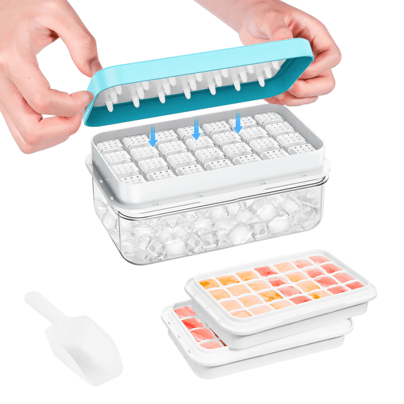 KINGTACK Ice Cube Tray, Ice Trays for Freezer, Ice Cube Tray With Lid and Bin, Making 56 pcs Ice Cubes, Chilling Cocktail, Whiskey, Coffee, with 2 trays, Ice Container, Scoop&Cover, BPA Free