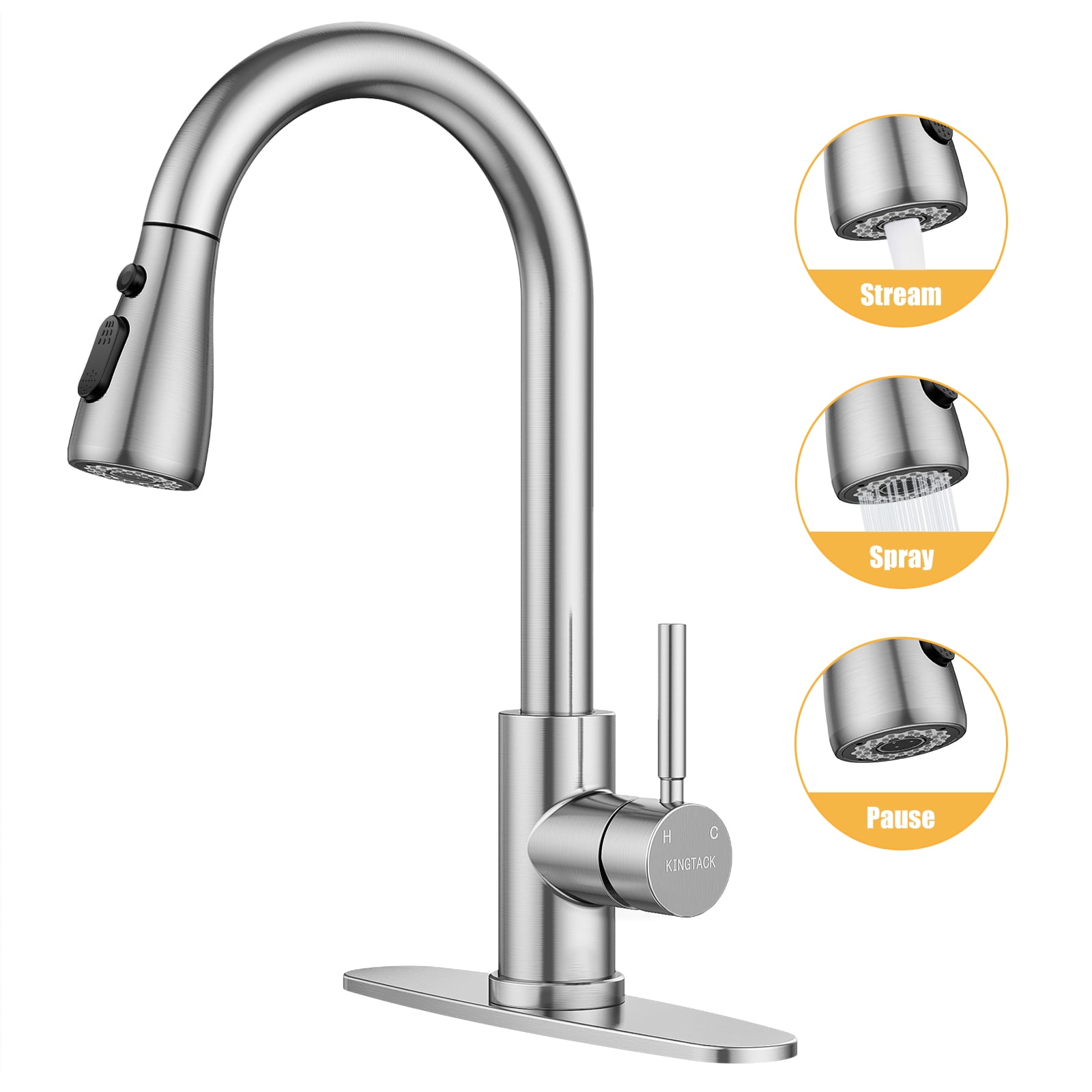KINGTACK Kitchen Faucets with Pull Down Sprayer, High Arc Single Handle Classic Stainless Steel Sink Faucet 1 or 3 Hole, Suitable for Farmhouse Camper Laundry Rv Bar, Brushed Nickel