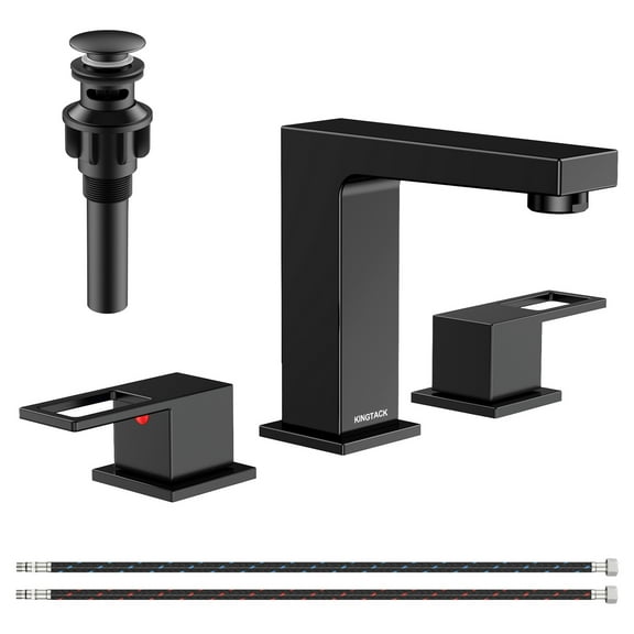 KINGTACK Matte Black Bathroom Faucet 3 Hole, 8 inch Widespread Bathroom Faucet with Pop Up Drain, 2 Handle Vanity Faucet with Water Supply Hoses