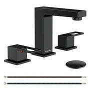 KINGTACK Matte Black Bathroom Faucet 3 Hole, 8 inch Widespread Bathroom Faucet with Pop Up Drain, 2 Handle Vanity Faucet with Water Supply Hoses